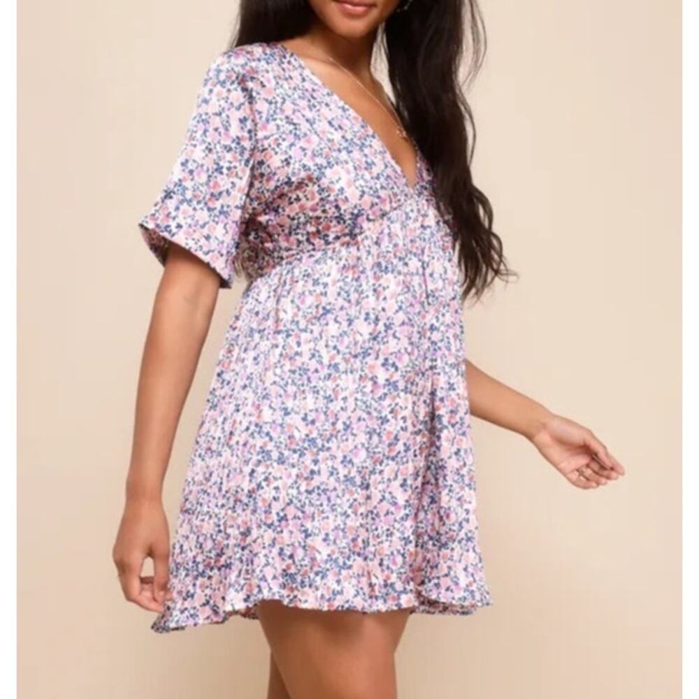 Lulu's Blush Pink Satin Babydoll Dress Florals Mini Womens Large